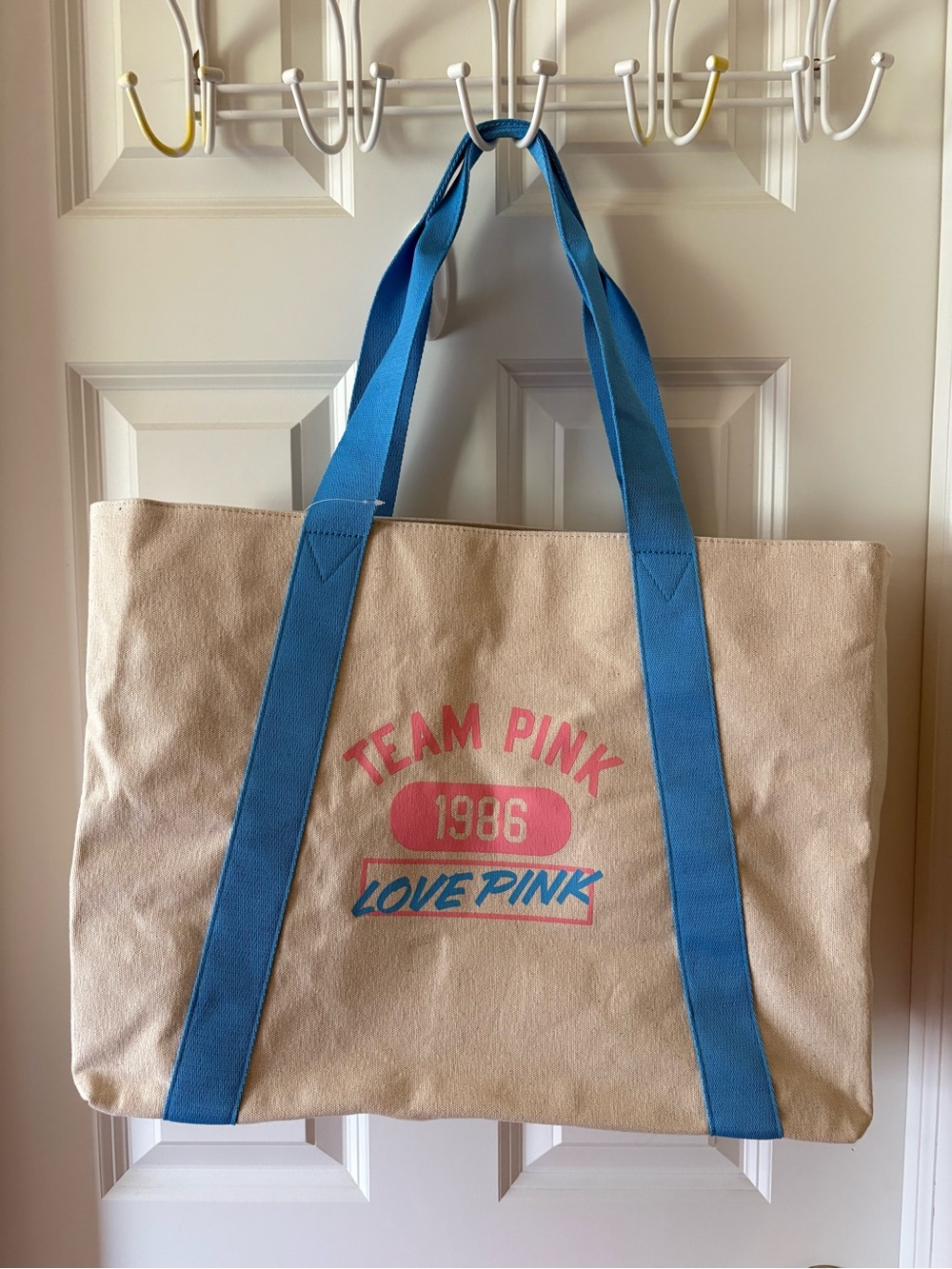 Love Pink 'Team Pink' Canvas Tote with Blue Straps-NWT!